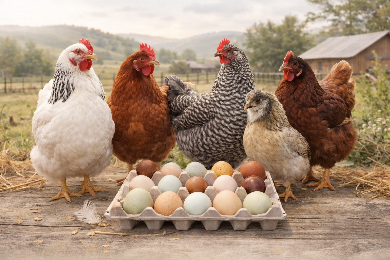 Chickens with colorful eggs