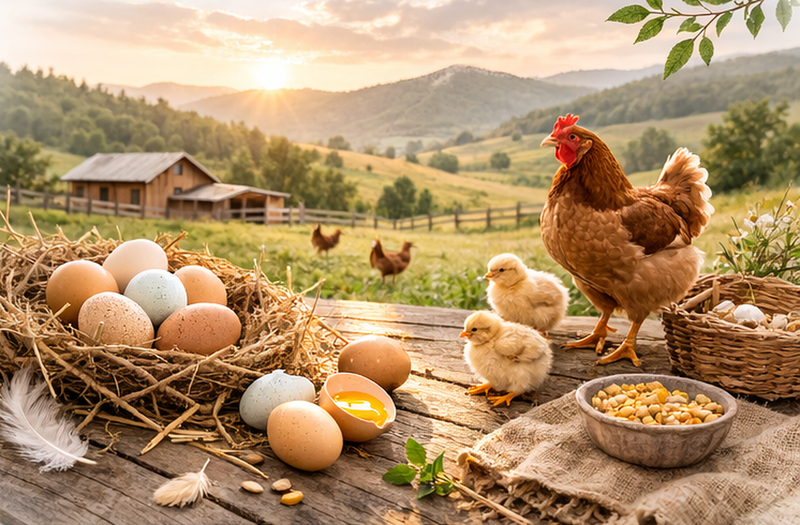 Eggs, chicks and hen on a farm